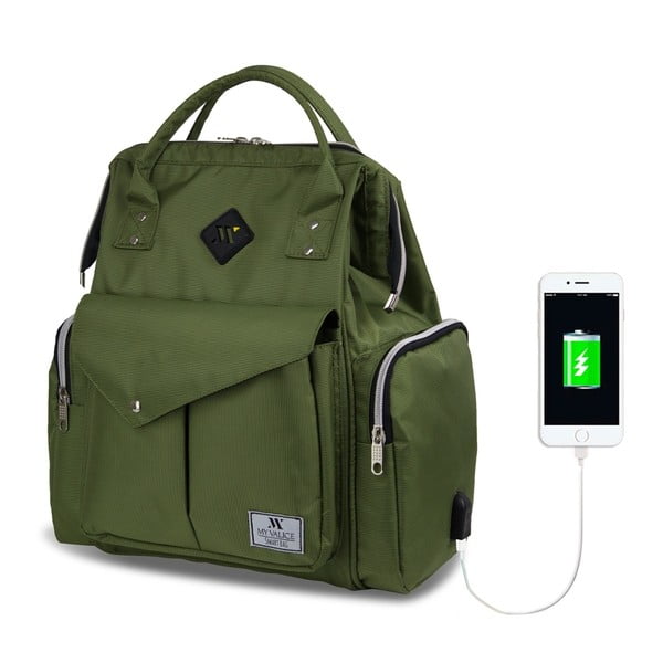 Zelený batoh pro maminky s USB portem My Valice HAPPY MOM Baby Care Backpack