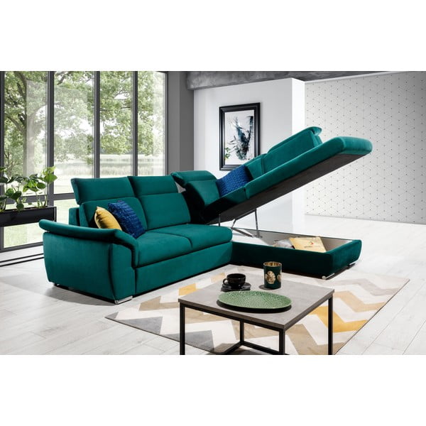 Zelená sametová rozkládací/s úložným prostorem rohová pohovka (pravý roh/do L) Loreto – ELTAP-image-2