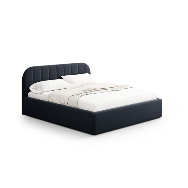 Tmavě modrá čalouněná dvoulůžková postel s úložným prostorem s roštem 200x200 cm Juno – Windsor & Co Sofas