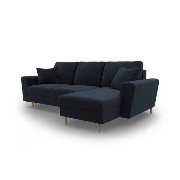 Tmavě modrá sametová rozkládací/s úložným prostorem rohová pohovka Kyoto – Cosmopolitan Design-image-4