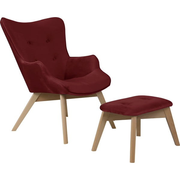 Červené sametové křeslo s podnožkou Niko – Ropez