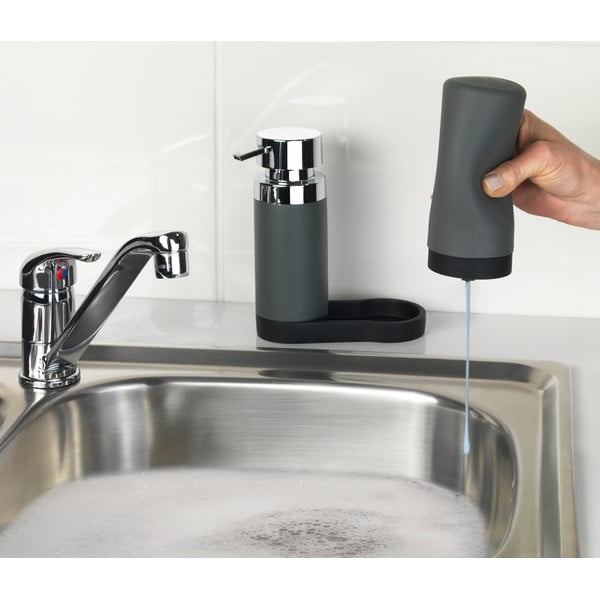 Sada 2 šedých zásobníků na mycí prostředek s podtáckem Wenko Squeeze, 250 ml-image-1