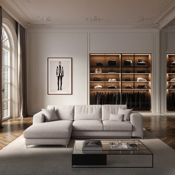 Světle šedá rozkládací/s úložným prostorem rohová pohovka z textilie bouclé (levý roh/s lenoškou) Rene – Rodier-image-1