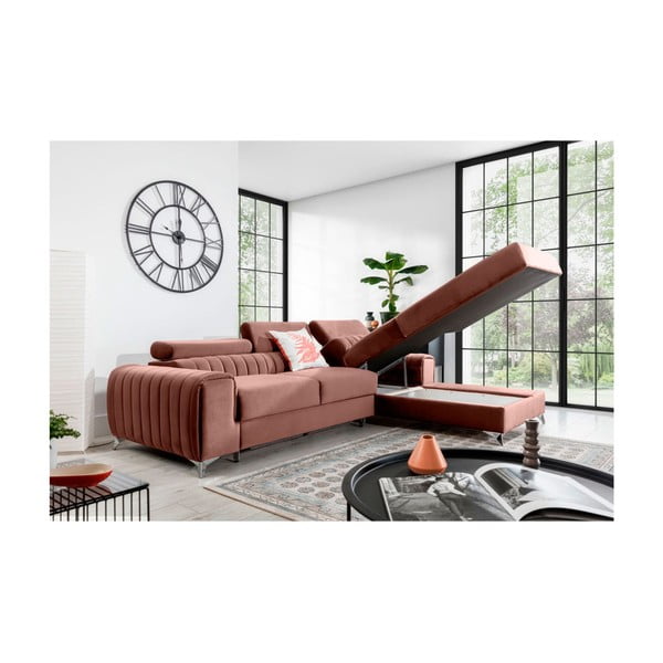 Růžová sametová rozkládací/s úložným prostorem rohová pohovka (pravý roh/s lenoškou) Grayson – ELTAP-image-3