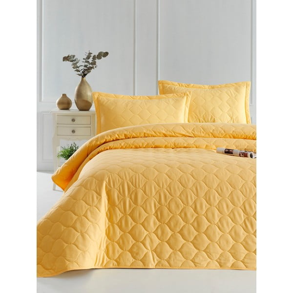 Žlutý přehoz přes postel se 2 povlaky na polštář z ranforce bavlny EnLora Home Fresh, 225 x 240 cm