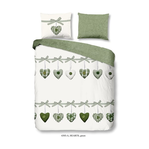 Zeleno-bílé bavlněné povlečení Good Morning Hearts, 200 x 200 cm