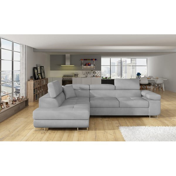 Světle šedá sametová rozkládací/s úložným prostorem rohová pohovka (levý roh/do L) Anton – ELTAP-image-1