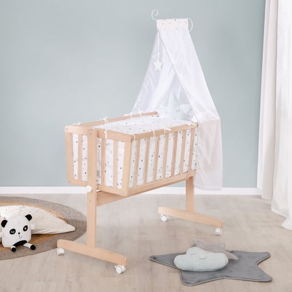 Kolébka z bukového dřeva na kolečkách/s nebesy 40x90 cm v přírodní barvě – Roba-image-4