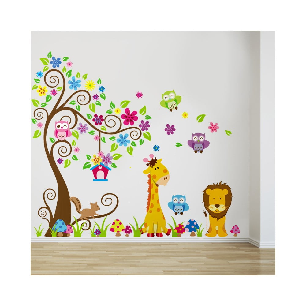 Samolepka na stěnu Strom, žirafa a lev, 60x90 cm