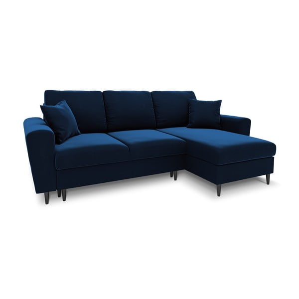 Modrá sametová rozkládací/s úložným prostorem rohová pohovka Kyoto – Cosmopolitan Design
