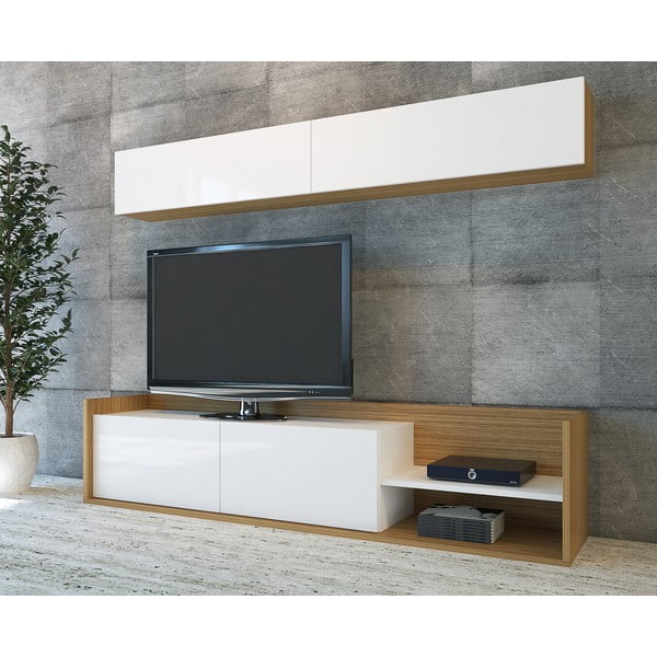 Bílá/přírodní TV sestava v dekoru exotického dřeva 180x40 cm Kale – Kalune Design-image-2