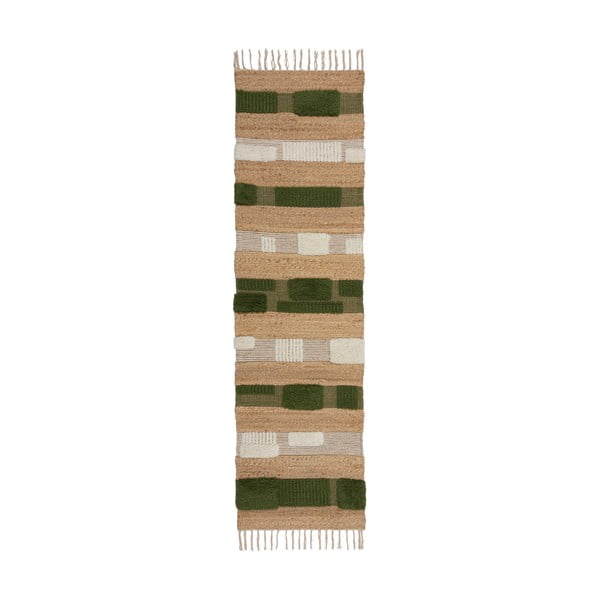 Ručně tkaný běhoun s příměsí juty v zeleno-přírodní barvě 60x230 cm Medina Blocks – Flair Rugs