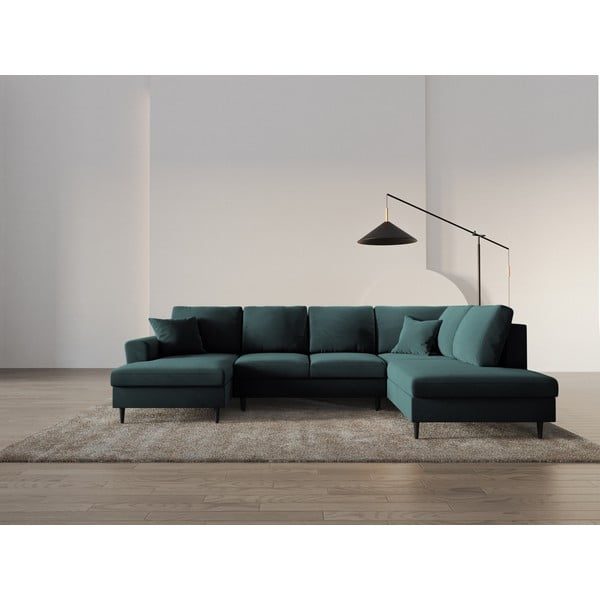 Sametová rozkládací/s úložným prostorem rohová pohovka v petrolejové barvě (pravý roh/do "U") Kyoto – Cosmopolitan Design-image-2