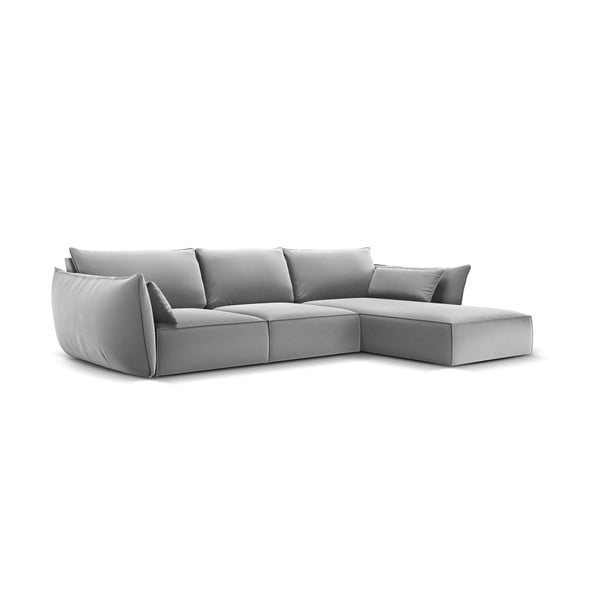 Světle šedá sametová rohová pohovka (pravý roh/s lenoškou) Vanda – Mazzini Sofas-image-2