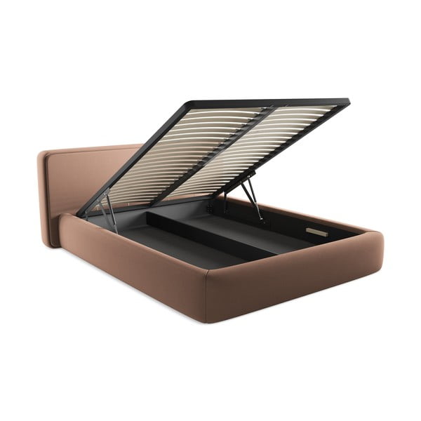 Světle růžová čalouněná dvoulůžková postel s úložným prostorem s roštem 160x200 cm Kiana – Makamii-image-3