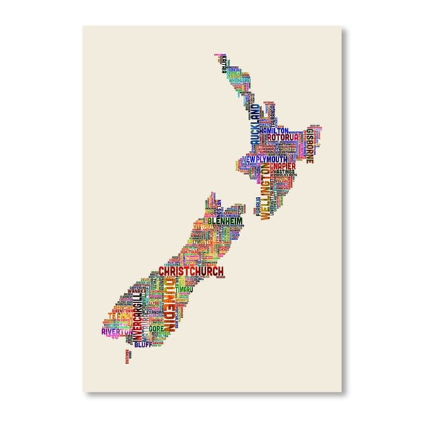 Plakát s pestrobarevnou mapou Nového Zélandu Americanflat Text, 60 x 42 cm