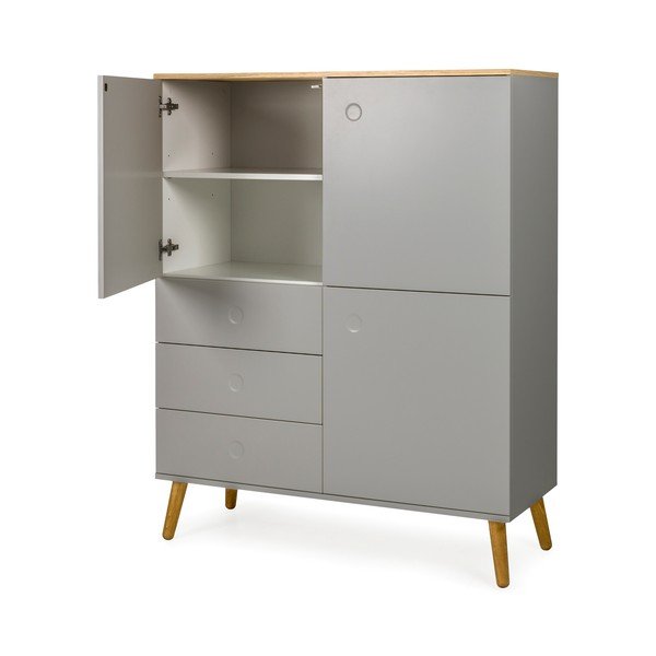 Šedá třídveřová skříň s nohami z dubového dřeva se 3 zásuvkami Tenzo Dot, výška 137 cm-image-3