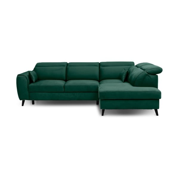 Zelená sametová rozkládací/s úložným prostorem rohová pohovka (pravý roh/do L) Noble – ELTAP