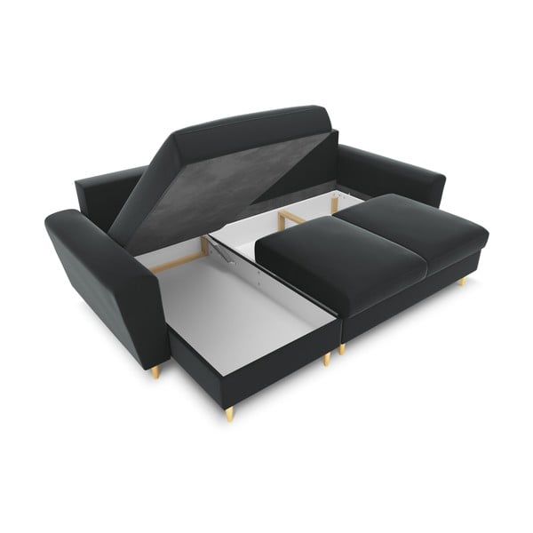 Tmavě šedá sametová rozkládací/s úložným prostorem rohová pohovka Kyoto – Cosmopolitan Design-image-2