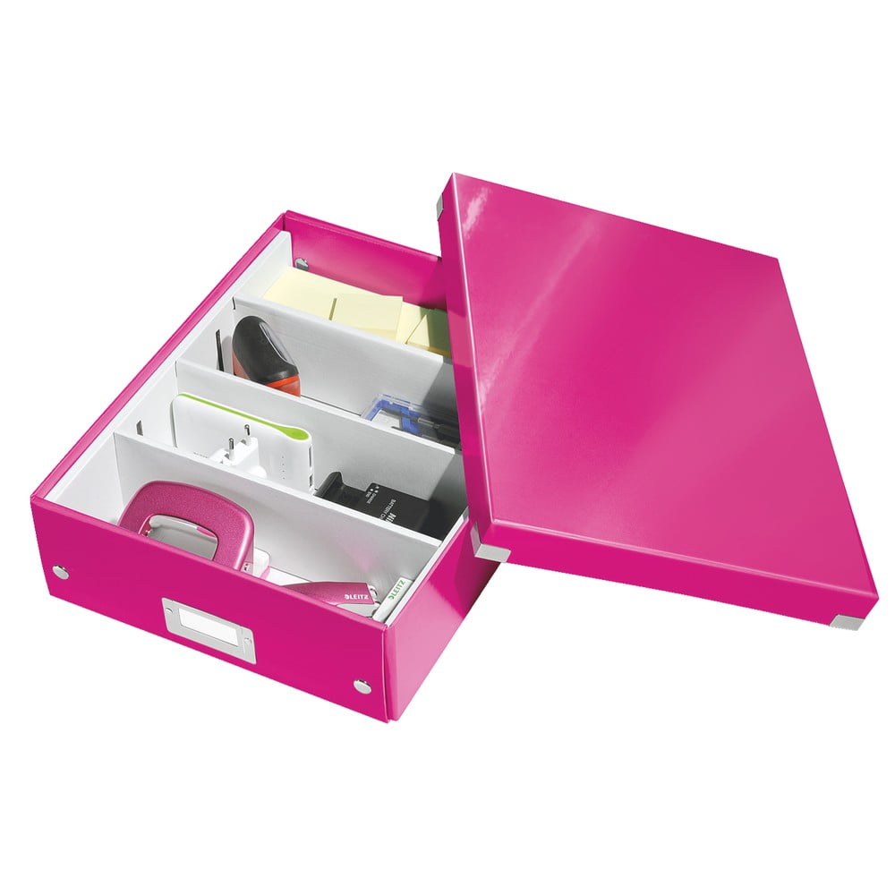 Růžový kartonový úložný box s víkem Click&Store - Leitz