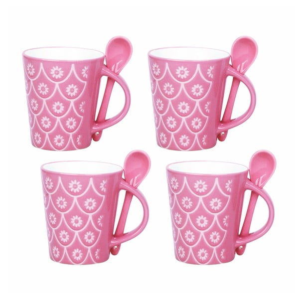 Sada 4 šálků s lžičkami Mugs, růžová