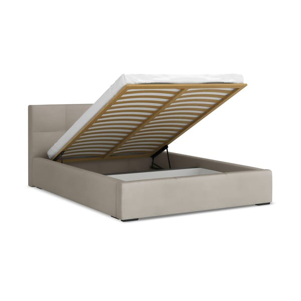 Taupe sametová čalouněná dvoulůžková postel s úložným prostorem s roštem 140x200 cm Hiko – Makamii-image-1