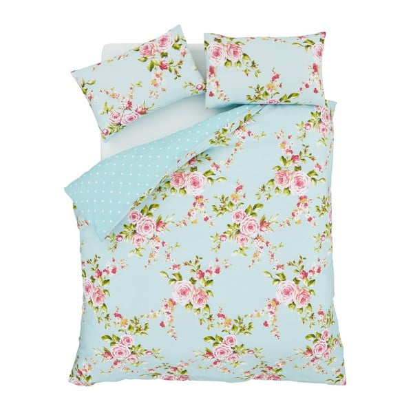 Světle modré povlečení s motivem růží Catherine Lansfield Canterbury, 200 x 200 cm-image-1