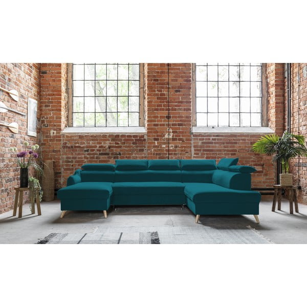 Tyrkysová sametová rozkládací rohová pohovka do "U" (pravý roh) Sweet Harmony – Miuform-image-1