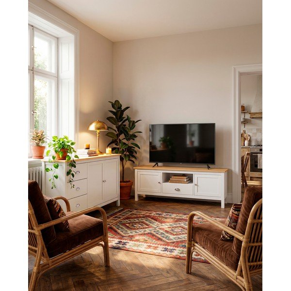 Bílý/přírodní TV stolek z borovicového dřeva 158x53 cm Misti – Marckeric-image-1