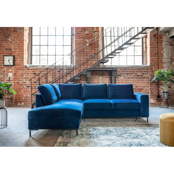 Tmavě modrá sametová rozkládací rohová pohovka (levý roh) Lofty Lilly – Miuform-image-1