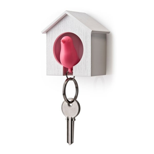 Budka s klíčenkou QUALY Sparrow, bílá budka/růžový ptáček