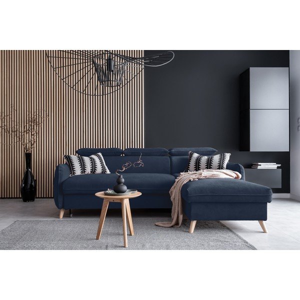 Tmavě modrá sametová rozkládací rohová pohovka (pravý roh) Sweet Harmony – Miuform-image-1