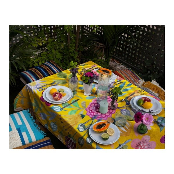 Ubrus s příměsí lnu Madre Selva Colourful Flowers, 140 x 250 cm-image-1