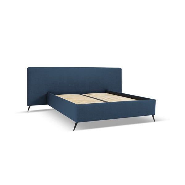 Tmavě modrá čalouněná dvoulůžková postel s úložným prostorem a roštem 140x200 cm Walter – Milo Casa