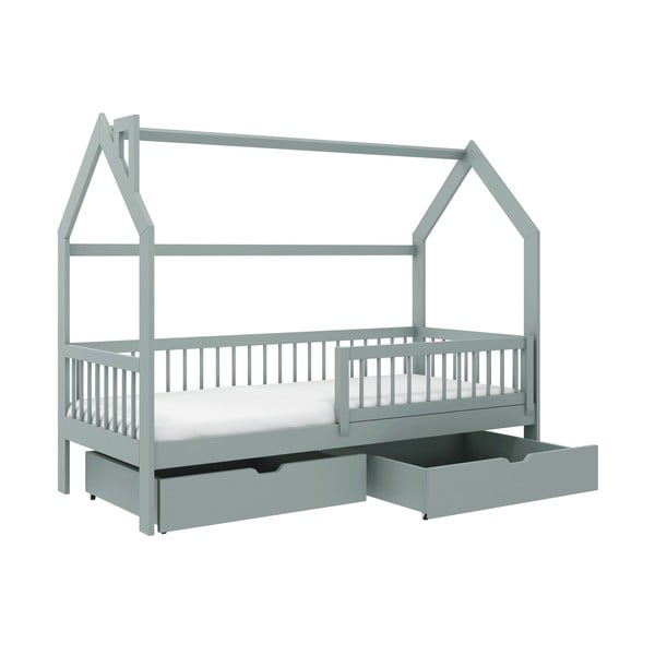 Šedá domečková dětská postel z borovicového dřeva s úložným prostorem 80x180 cm Oskar - Lano Meble