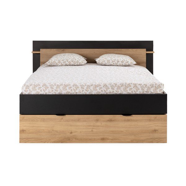 Dvoulůžková postel v dekoru dubu s úložným prostorem bez roštu v černo-přírodní barvě 140x190 cm Albo – Marckeric-image-4