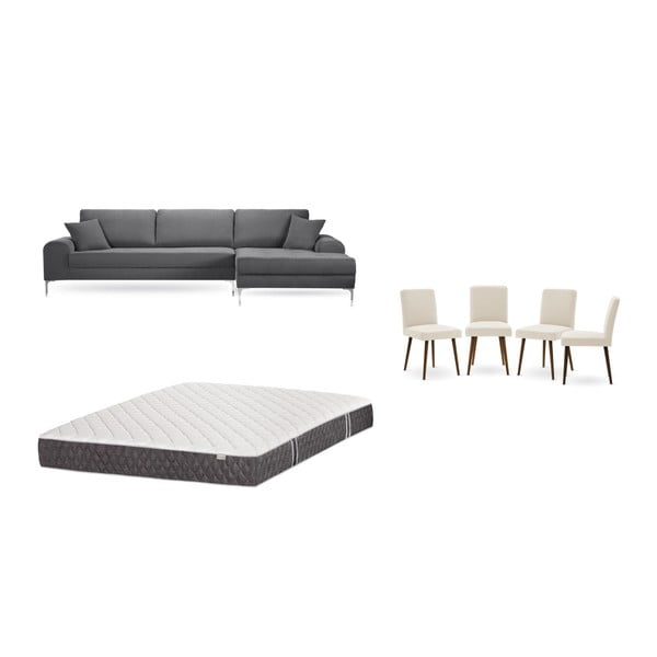 Set šedé pohovky s lenoškou vpravo, 4 krémových židlí a matrace 160 x 200 cm Home Essentials