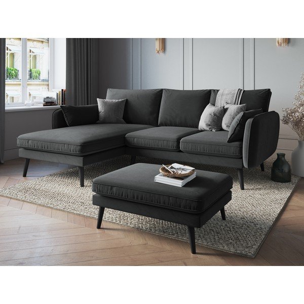 Tmavě šedá sametová rohová pohovka s černými nohami Kooko Home Lento, levý roh-image-1