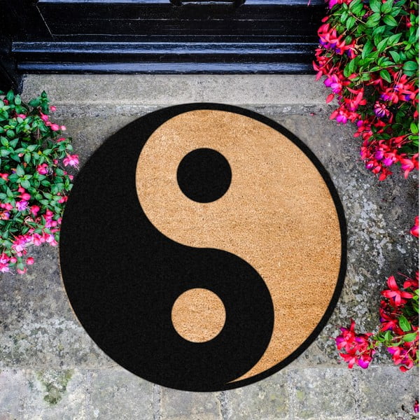 Černá kulatá rohožka z přírodního kokosového vlákna Artsy Doormats Yin Yang, ⌀ 70 cm-image-2