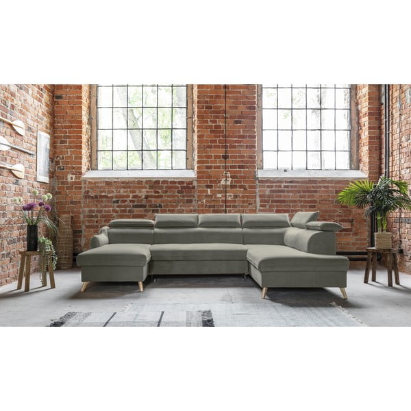 Světle šedá sametová rozkládací rohová pohovka do "U" (pravý roh) Sweet Harmony – Miuform-image-1