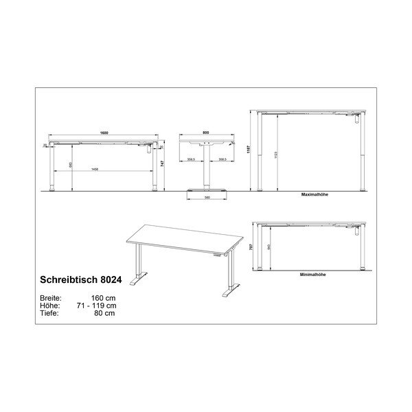 Polohovací pracovní stůl s elektricky nastavitelnou výškou s deskou v dubovém dekoru 80x160 cm Boras – Germania-image-3