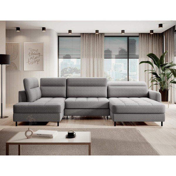 Světle šedá sametová rozkládací/s úložným prostorem rohová pohovka (levý roh/do "U") Berrto – ELTAP-image-1