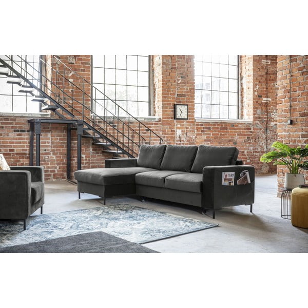 Tmavě šedá sametová rozkládací rohová pohovka Miuform Lofty Lilly, levý roh-image-3