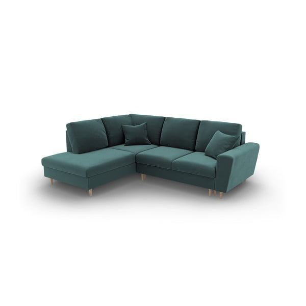 Sametová rozkládací/s úložným prostorem rohová pohovka v petrolejové barvě (levý roh/do L) Kyoto – Cosmopolitan Design-image-1