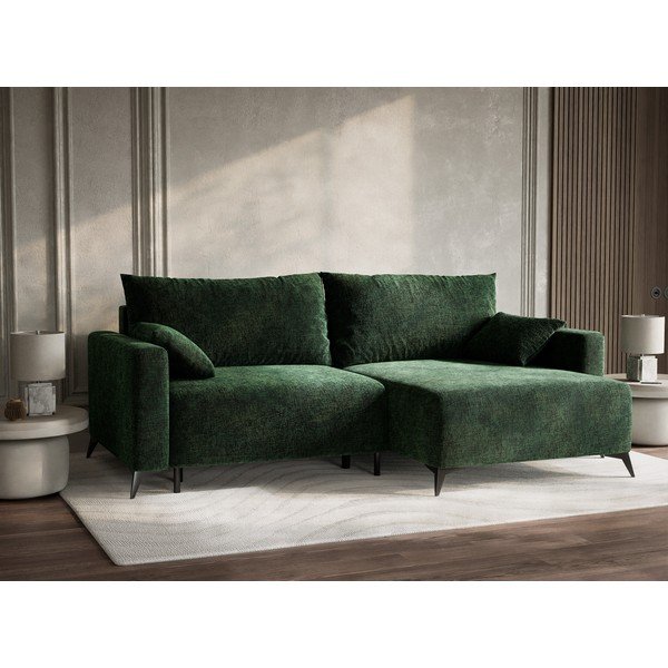 Tmavě zelená žinylková rozkládací/s úložným prostorem rohová pohovka (pravý roh/s lenoškou) Leon – Maison de Rêve-image-4