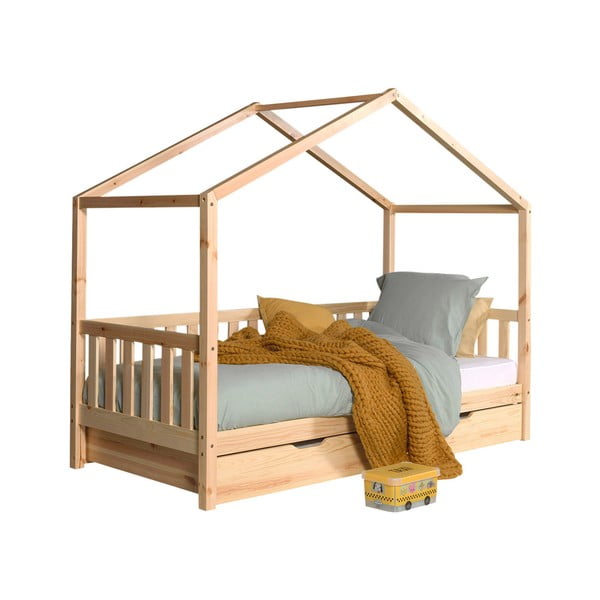 Domečková dětská postel z borovicového dřeva s výsuvným lůžkem a úložným prostorem v přírodní barvě 90x200 cm DALLAS – Vipack