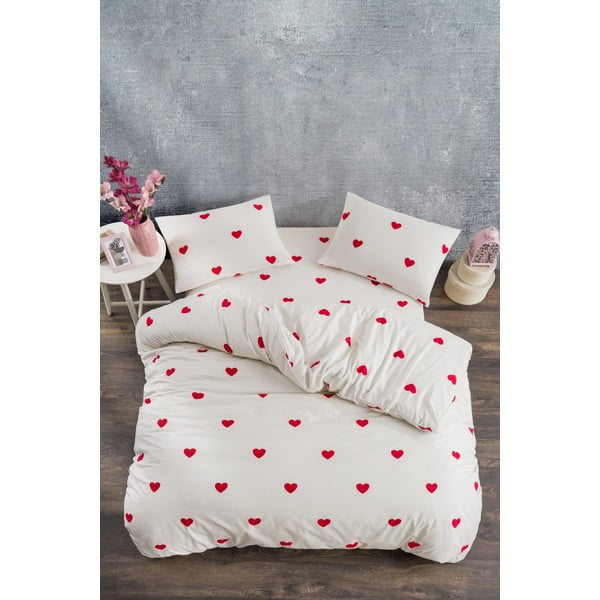 Krémové 4dílné prodloužené povlečení na dvoulůžko z bavlny Renforcé s prostěradlem 200x220 cm Mini Hearts – Mila Home
