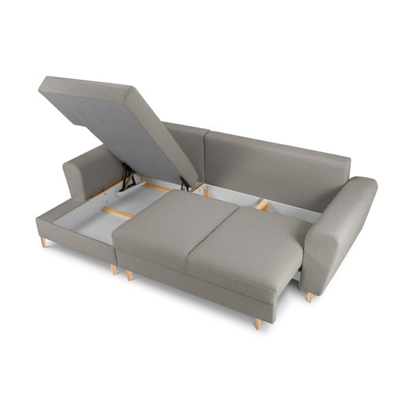 Světle šedá rozkládací/s úložným prostorem rohová pohovka z textilie bouclé (levý roh/s lenoškou) Kyoto – Cosmopolitan Design-image-3