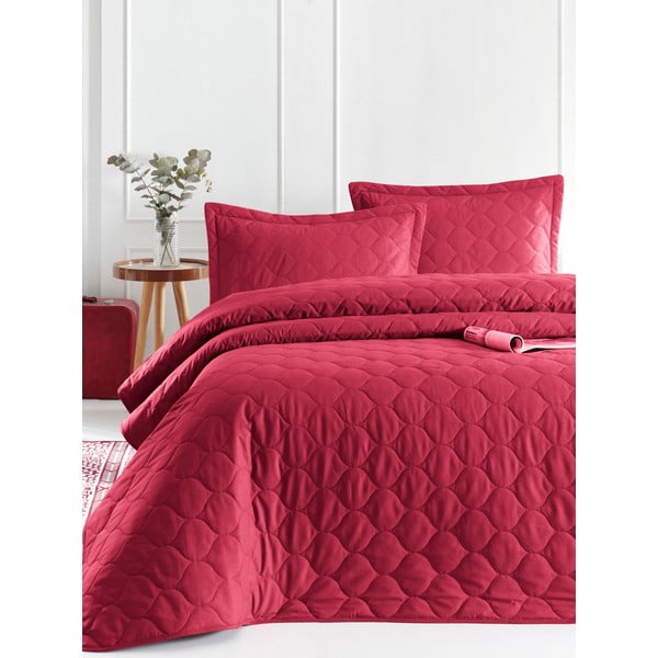 Tmavě červený přehoz přes postel se 2 povlaky na polštář z ranforce bavlny Mijolnir Fresh, 225 x 240 cm