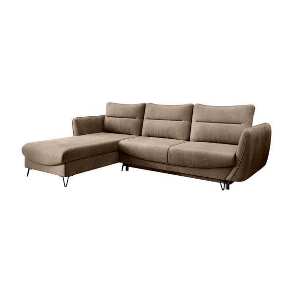 Světle hnědá sametová rozkládací/s úložným prostorem rohová pohovka (levý roh/s lenoškou) Silva – ELTAP